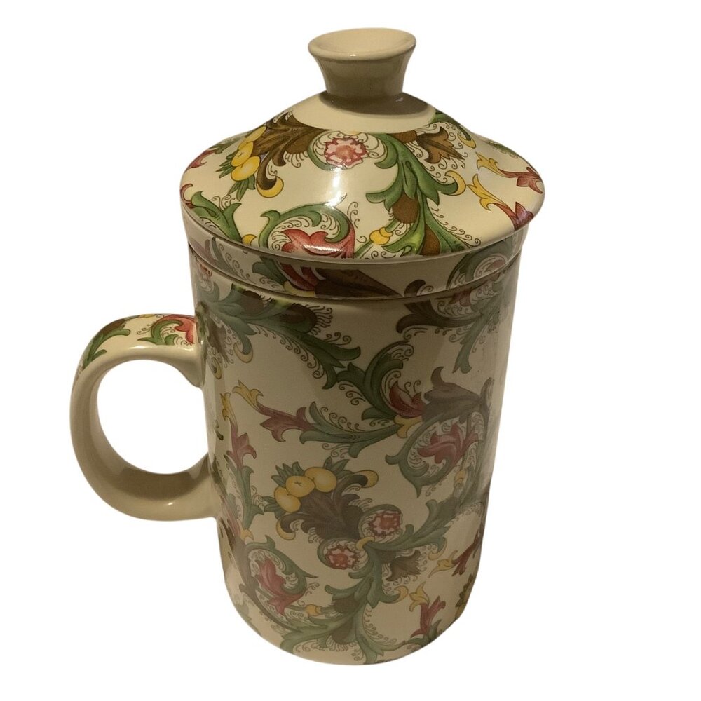 World Market 3pc‎ Tea Set Strainer Cup With Lid 6.25" Floral Paisley Infuser